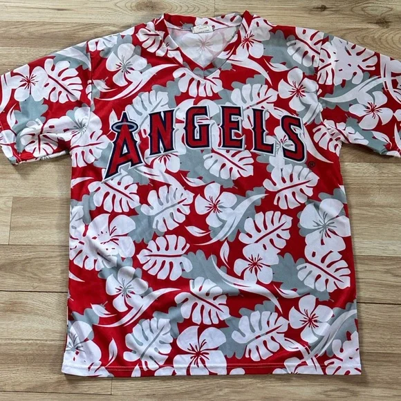 Angels Baseball Button Up Shirt Hawaiian Floral MLB Red Los Angeles - Picture 1 of 2